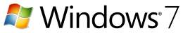 Versionslogo: links das Windows-„Fenster“ im Design von Windows XP, jedoch zur Mitte hin aufhellender Verlauf („blendendes“ Fensterkreuz); rechts daneben der Schriftzug „Windows (R) 7“ in serifenloser Schrift („Windows“ fetter als die „7“, jedoch ganzer Schriftzug in dünn gehaltenen Linien)