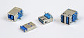 USB-3.0-Buchsen und Stecker v.&nbsp;l.&nbsp;n.&nbsp;r.: Typ-B-Buchse, Typ-A-Stecker, Typ-A-Buchse, Stack mit zwei Typ-A-Buchsen
