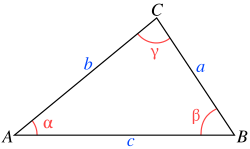 Triangle with notations for points, sides, and angles