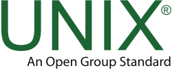 Unix logo with text: UNIX® An Open Group Standard